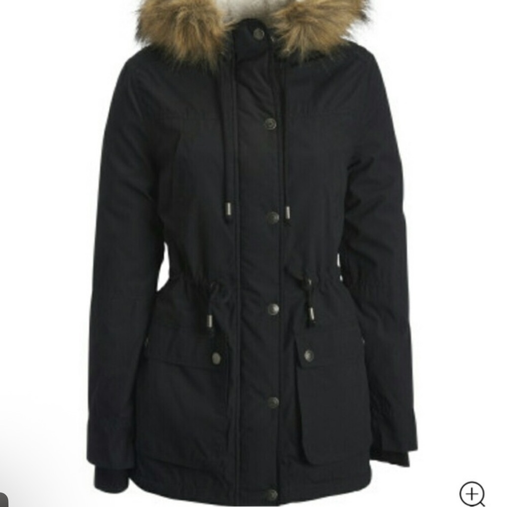 Prince & Fox Black Hooded Utility Parka with Faux Fur Trim
